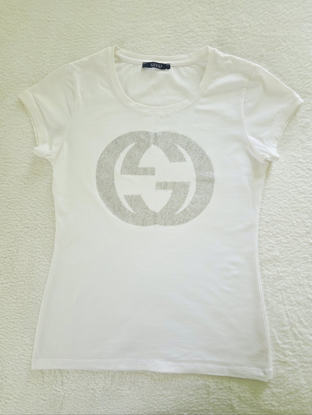 Vintage!!! GUCCI ✨️ Women's White Cotton Crystal Logo Stretch T-Shirt Size S - Picture 11 of 15